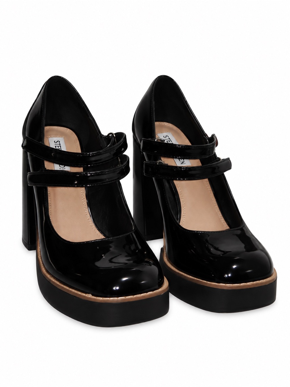 Steve Madden Twice Black Patent Double-Strap Mary Jane Platform Heels | 7.5